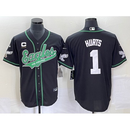 Men's Philadelphia Eagles #1 Jalen Hurts Black With 3-star  C Patch Cool Base Stitched Baseball Jersey