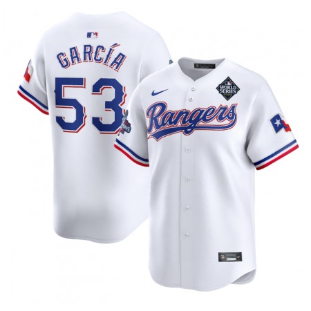 Men's Texas Rangers #53 Adolis Garcia White 2023 World Series Patch And Champions Patch Stitched Baseball  Jersey