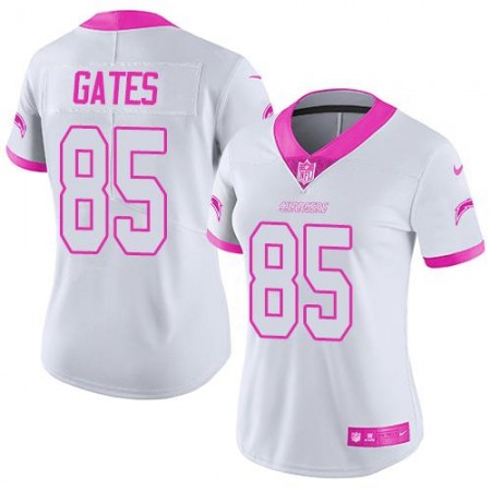 Chargers #85 Antonio Gates White/Pink Women's Stitched NFL Limited Rush Fashion Jersey