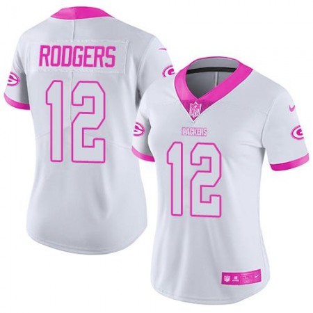 Packers #12 Aaron Rodgers White/Pink Women's Stitched NFL Limited Rush Fashion Jersey