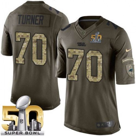 Panthers #70 Trai Turner Green Super Bowl 50 Youth Stitched NFL Limited Salute to Service Jersey