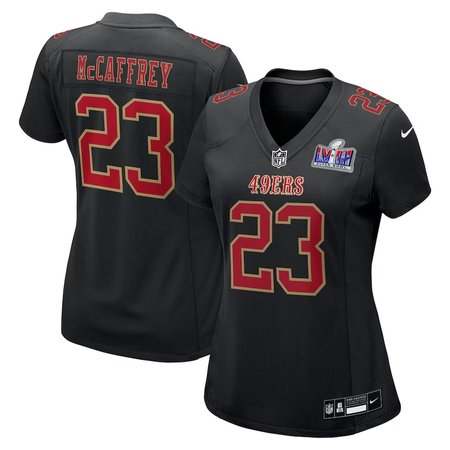 Women's San Francisco 49ers #23 Christian McCaffrey  Black Super Bowl LVIII Carbon Fashion Game Player Jersey